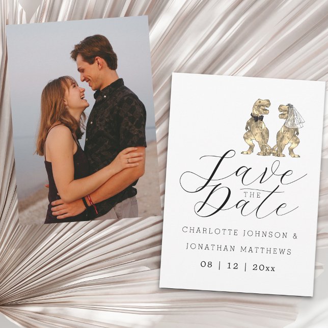 Funny Dinosaur Themed Wedding Save The Date (Funny dinosaur theme wedding save the date photo card elegant script fun T-Rex dino bride & groom)