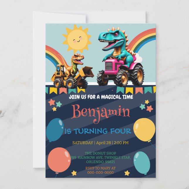 Funny dinosaur tractor balloon School Birthday Invitation (Front)