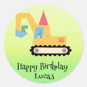 Funny dinosaur tractor Birthday party DIY Name Classic Round Sticker