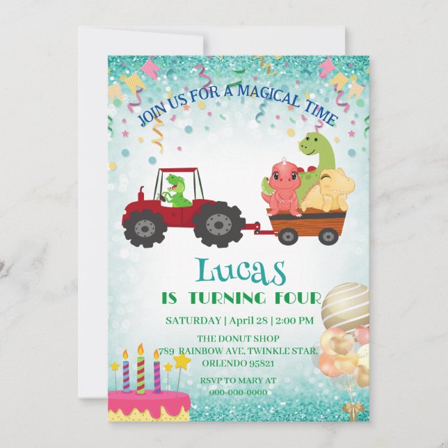 Funny dinosaur tractor Birthday party DIY Name Holiday Card (Front)