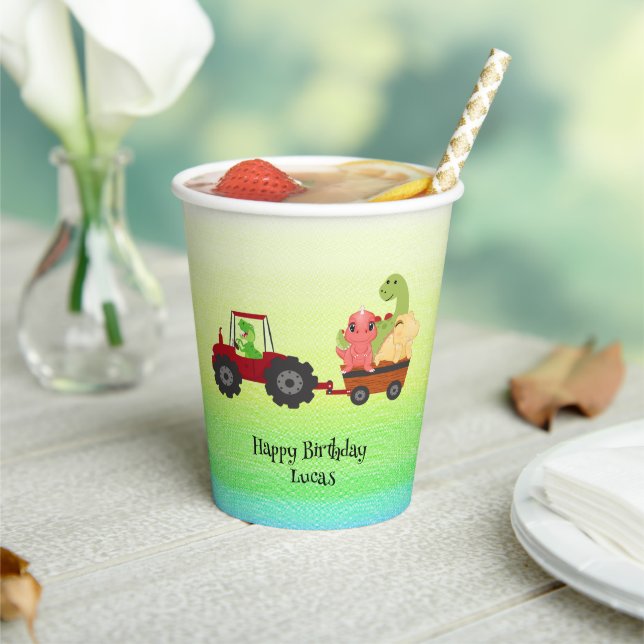 Funny dinosaur tractor Birthday party DIY Name Paper Cups (Insitu)