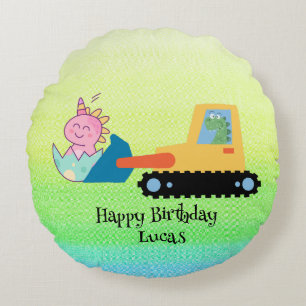 Funny dinosaur tractor Birthday party DIY Name Round Cushion