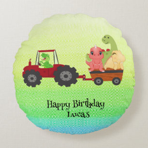 Funny dinosaur tractor Birthday party DIY Name Round Cushion