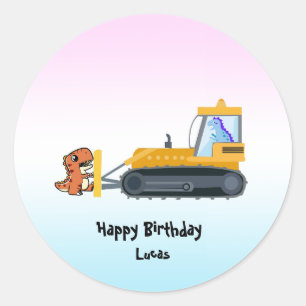 Funny dinosaur tractor boy Back To School Birthday Classic Round Sticker