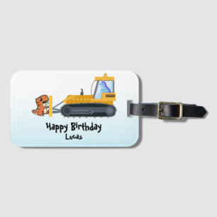 Funny dinosaur tractor boy Back To School Birthday Luggage Tag