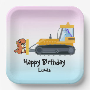 Funny dinosaur tractor boy Back To School Birthday Paper Plate