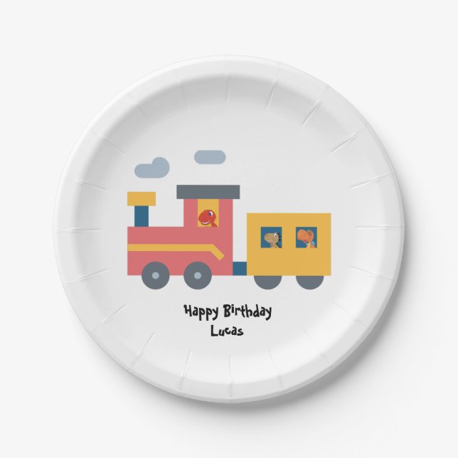 Funny dinosaur train truck boy Back 2 School Birth Paper Plate (Front)
