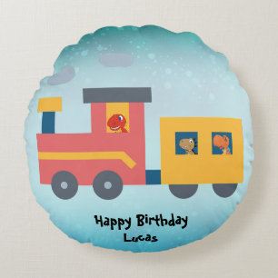 Funny dinosaur train truck boy School Birthday Round Cushion