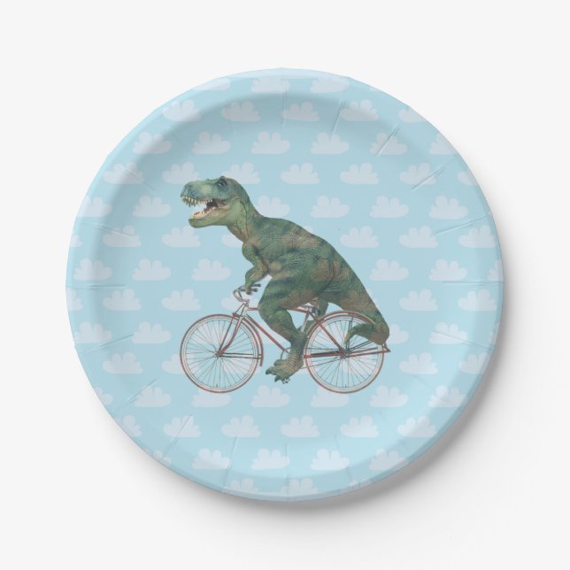 Funny Dinosaur TRex Bicycle Cycling  Paper Plate (Front)