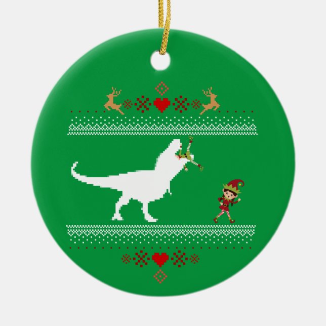 Funny Dinosaur Ugly Sweater Elf T-rex Ceramic Tree Decoration (Front)