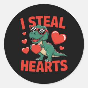 Funny Dinosaur Valentine Design With Hearts Classic Round Sticker