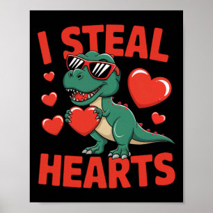 Funny Dinosaur Valentine Design With Hearts  Poster