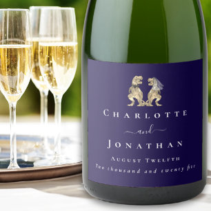 Funny Dinosaur Wedding Navy Blue & White Custom Sparkling Wine Label