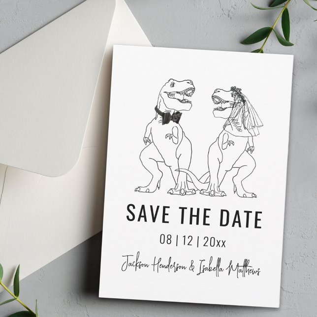 Funny Dinosaur Wedding Save The Date (Funny Dinosaur wedding save the date simple T-Rex bride and Groom black and white line art card)