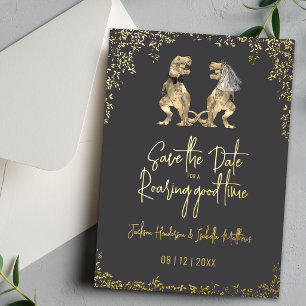 Funny Dinosaur Wedding Save the Date Gray Gold