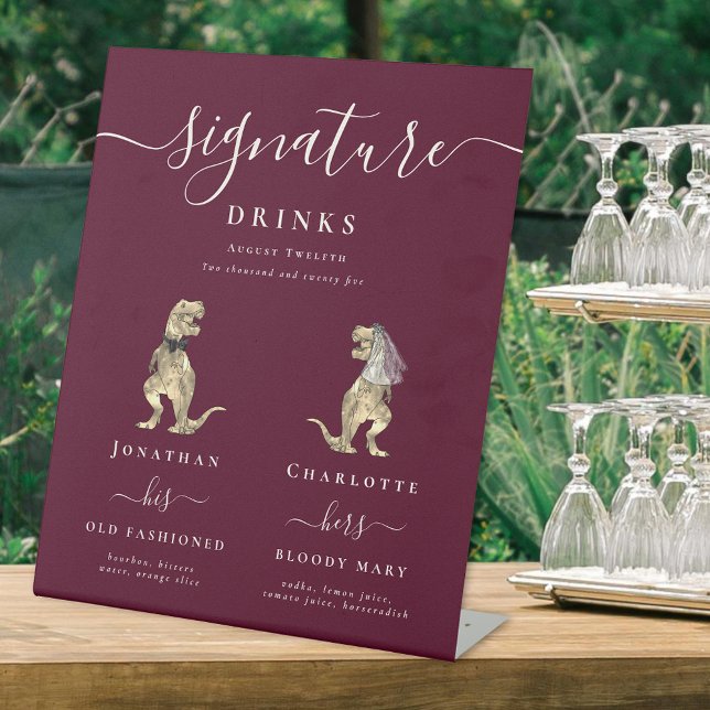 Funny Dinosaur Wedding Signature Drinks Bar Pedestal Sign (Dinosaur wedding bride & groom signature drinks cocktail bar custom burgundy & cream sign T-Rex dino)