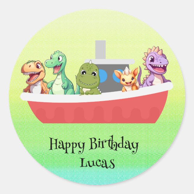 Funny dinosaur Yacht Birthday party DIY Name Classic Round Sticker (Front)