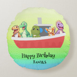 Funny dinosaur Yacht Birthday party DIY Name Round Cushion