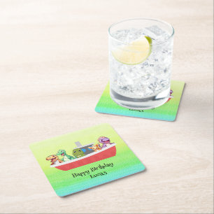 Funny dinosaur Yacht Birthday party DIY Name Square Paper Coaster