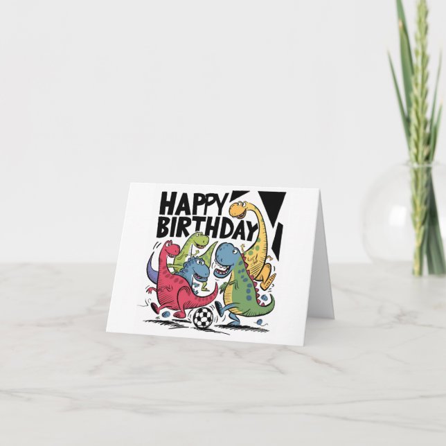 Funny Dinosaurs Playing Soccer Birthday Card (Front)