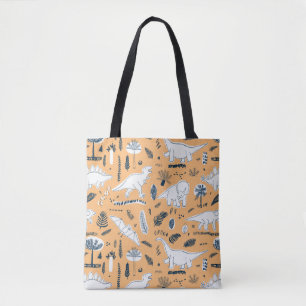 funny dinosaurs with palm leaves pattern tote bag