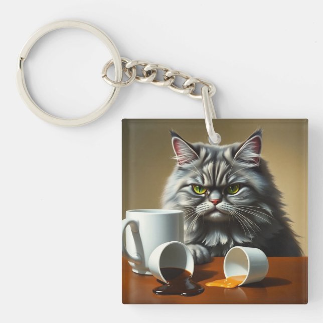 Funny Disappointed Cat With Coffee Mug Key Ring (Front)