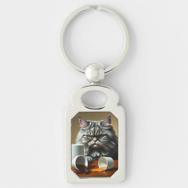Funny Disappointed Cat With Coffee Mug Key Ring (Front)