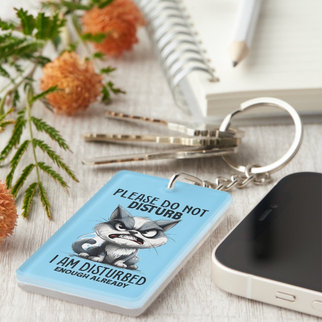 Funny disturbed cat word art key ring (Front Right)