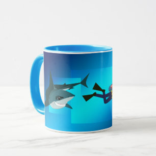 FUNNY DIVERS MUG. SCUBA DIVER FOLLOWED BY SHARK MUG