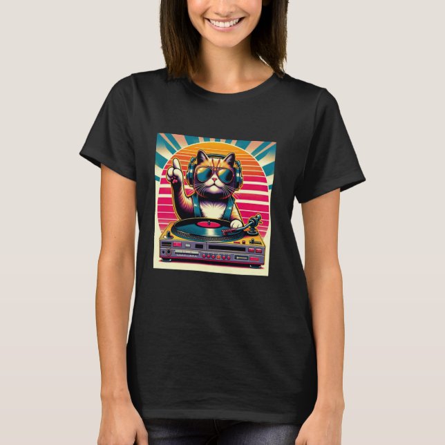 Funny DJ Cat Groove Disco Sound Tech Headphone Mus T-Shirt (Front)