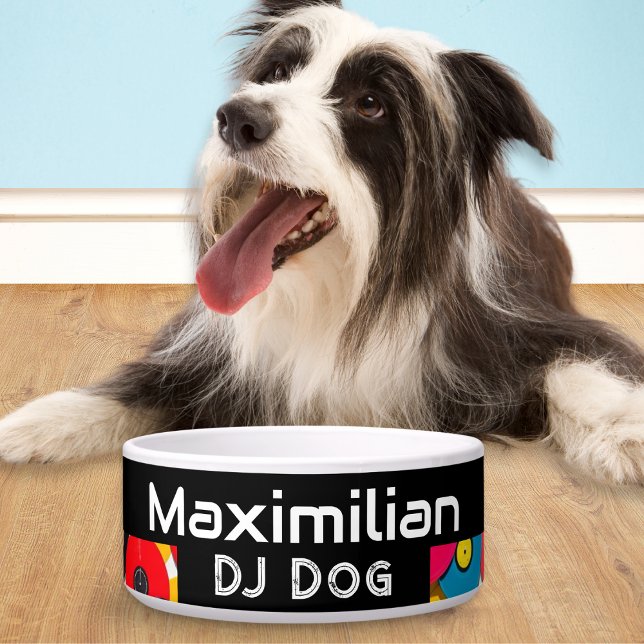 Funny DJ Dog Retro Vinyl Records Colourful (A ceramic dog bowl in black with colorful vinyl records design, 'DJ Dog' caption and custom name)