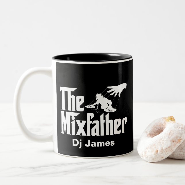 Funny DJ  The Mixfather  Disc Jockey Remix Two-Tone Coffee Mug (With Donut)