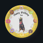 Funny Doberman Birthday Party Paper Plate<br><div class="desc">German Doberman Dog Doughnuts Birthday Party Paper Plate. .Time to eat the doughnuts! This funny birthday paper plates feature your favourite Doberman Dog all decked out in his party hat, munching on your stash of birthday doughnuts. Sprinkles flying everywhere, doughnuts are tossed over a yellow border and the birthday star's...</div>