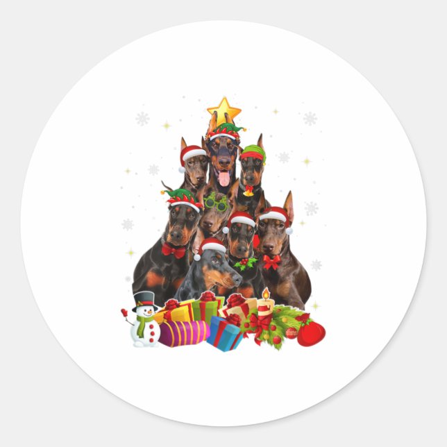 Funny Doberman Christmas Tree Gifts X Classic Round Sticker (Front)