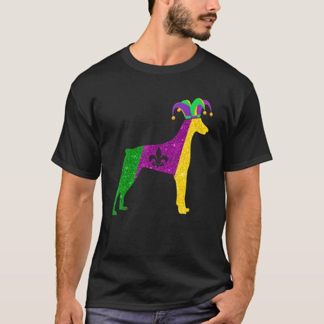 Funny Doberman Dog Mardi Gras Party Mask Beads Dog T-Shirt (Front)