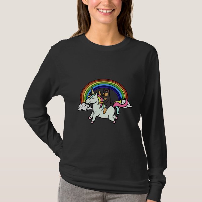 Funny Doberman Riding Unicorn T-Shirt (Front)