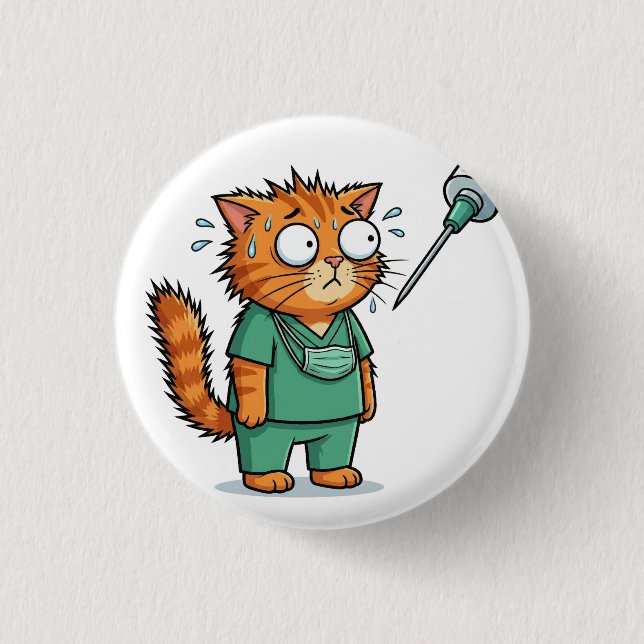 Funny Doctor Cat With Syringe Button (Front)