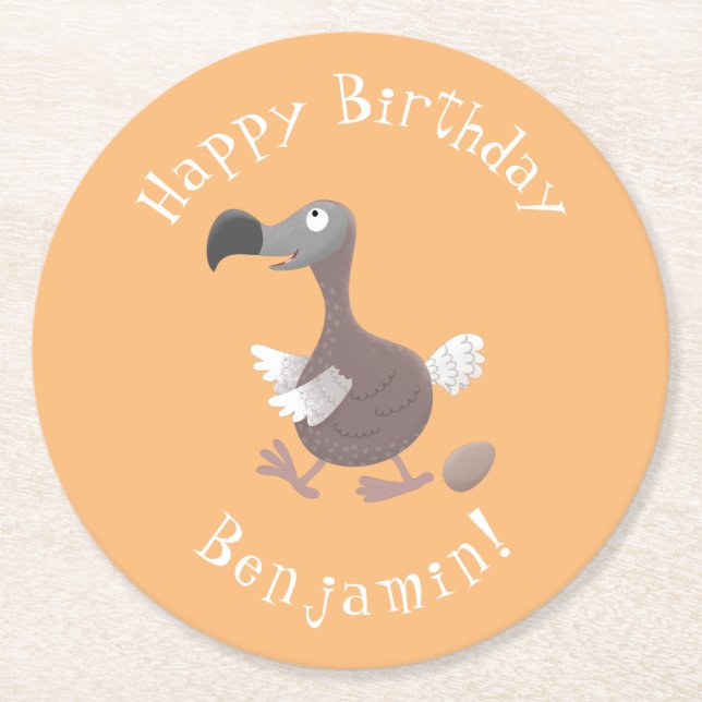Funny dodo bird cartoon illustration round paper coaster (Front)