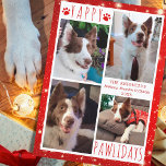 Funny Dog 4 Photo Collage YAPPY PAWLIDAYS Red Holiday Card<br><div class="desc">Funny dog photo holiday greeting card featuring 4 pictures with the greeting YAPPY PAWLIDAYS (or your custom greeting) in modern hand-lettered typography accented with dog paw prints against a white and red background with lights and stars. ASSISTANCE: For help with design modification or personalisation, colour change, resizing, transferring the design...</div>