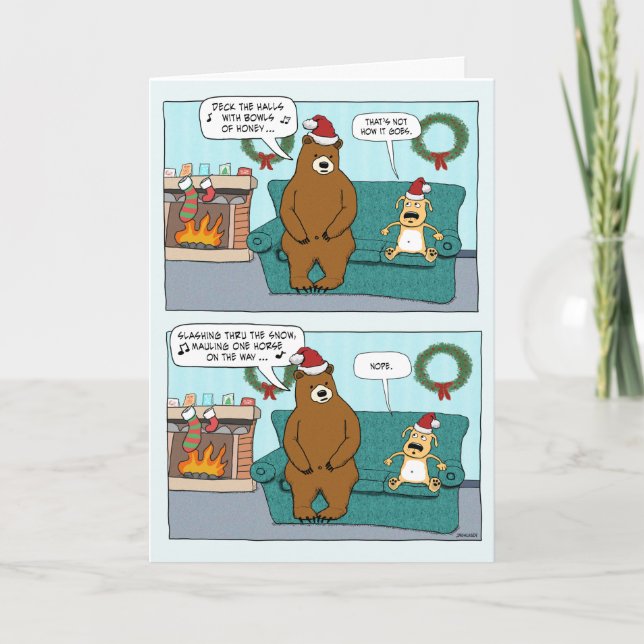 Funny Dog and Caroling Bear Christmas Holiday Card (Front)
