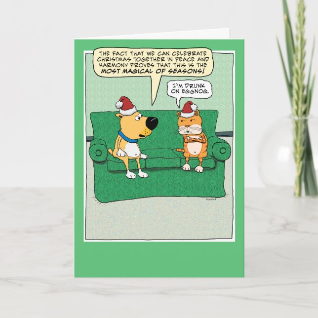 Funny Dog and Cat Celebrate Christmas Holiday Card (Front)