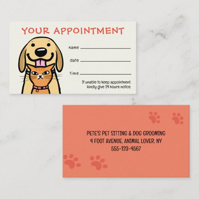 Funny Dog and Cat Pet Care Appointment Reminder  Business Card (Front/Back)