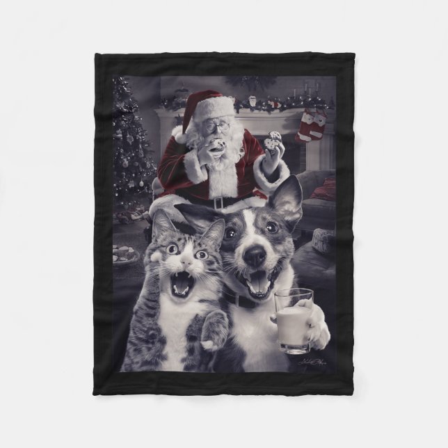 Funny Dog And Cat Selfie With Santa Christmas  Fleece Blanket (Front)