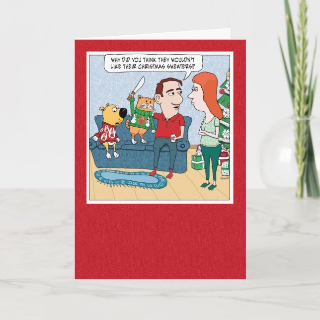 Funny Dog and Cat Ugly Christmas Sweaters Holiday Card (Front)