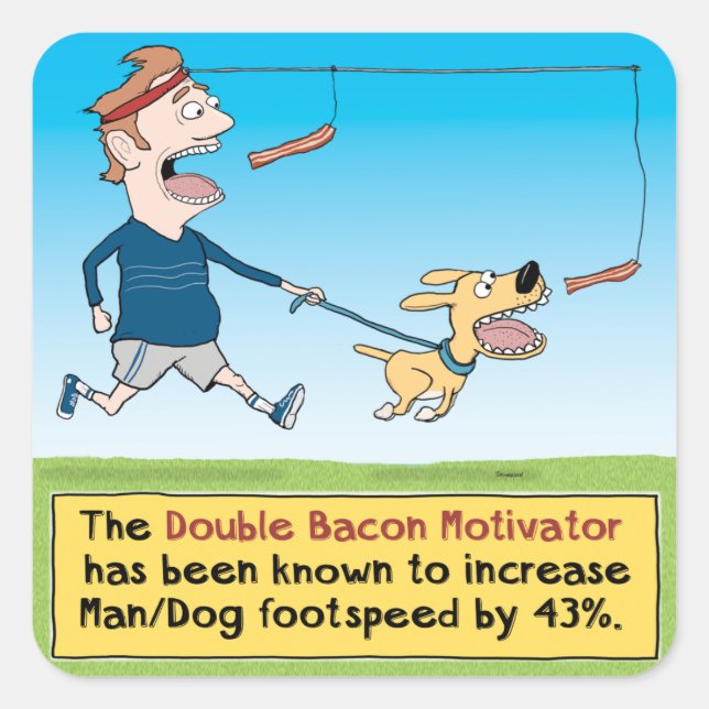 Funny Dog and Man Chasing Bacon Square Sticker (Front)