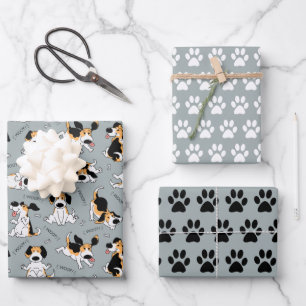 Funny Dog and Paw Prints Wrapping Paper Set of 3