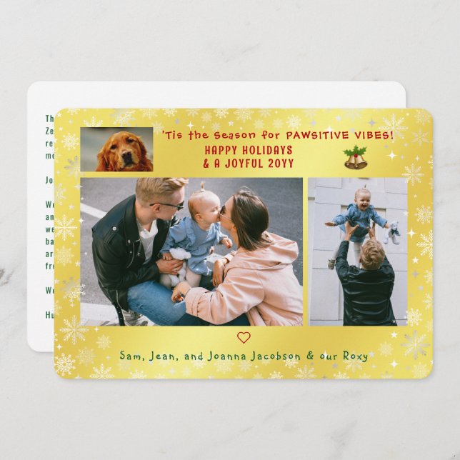 Funny Dog Cat 3 Photos Minimalist Elegant Golden Holiday Card (Front/Back)