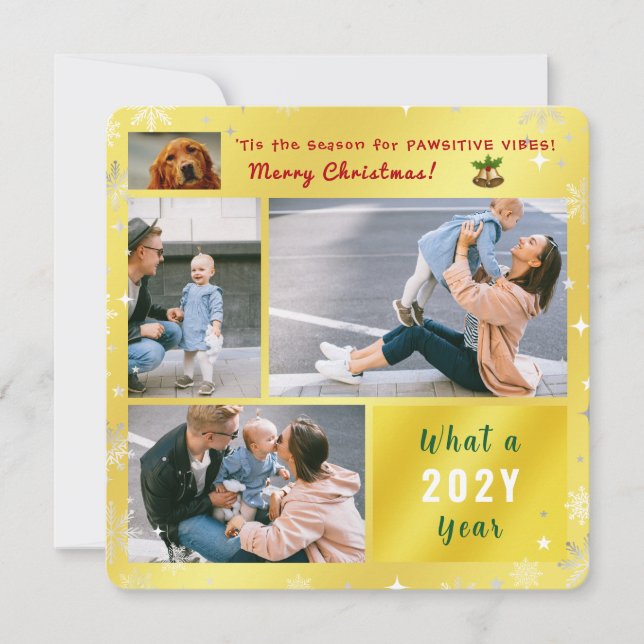 Funny Dog Cat 4 Photos Collage Cute Elegant Golden Holiday Card (Front)