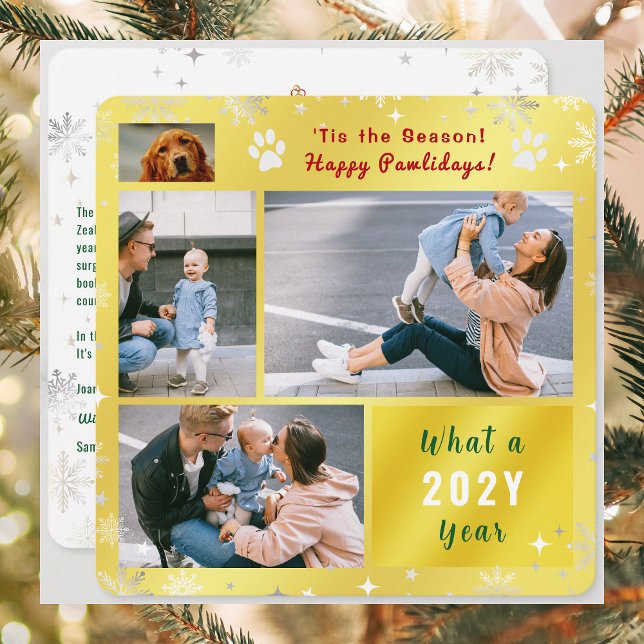 Funny Dog Cat 4 Photos Collage Cute Elegant Golden Holiday Card (Funny Dog Cat Photo Happy Pawlidays with 4 Photos Total. Elegant Cute Golden Background, Snowflakes)