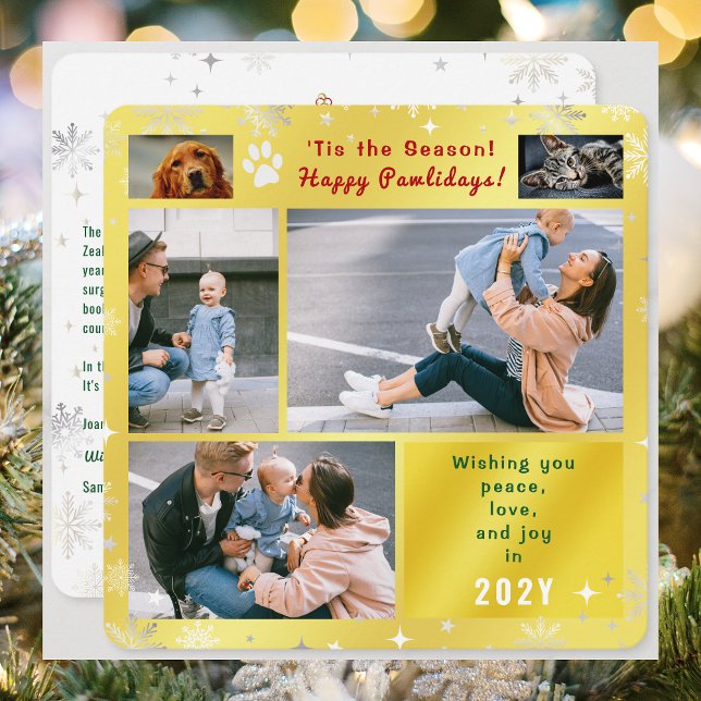 Funny Dog Cat 4 Photos Collage Peace Love Golden Holiday Card (Funny Happy Pawlidays Dog Cat Pet Photos & 3 Family Photos Peace Love Joy Letter Snowflakes Golden)